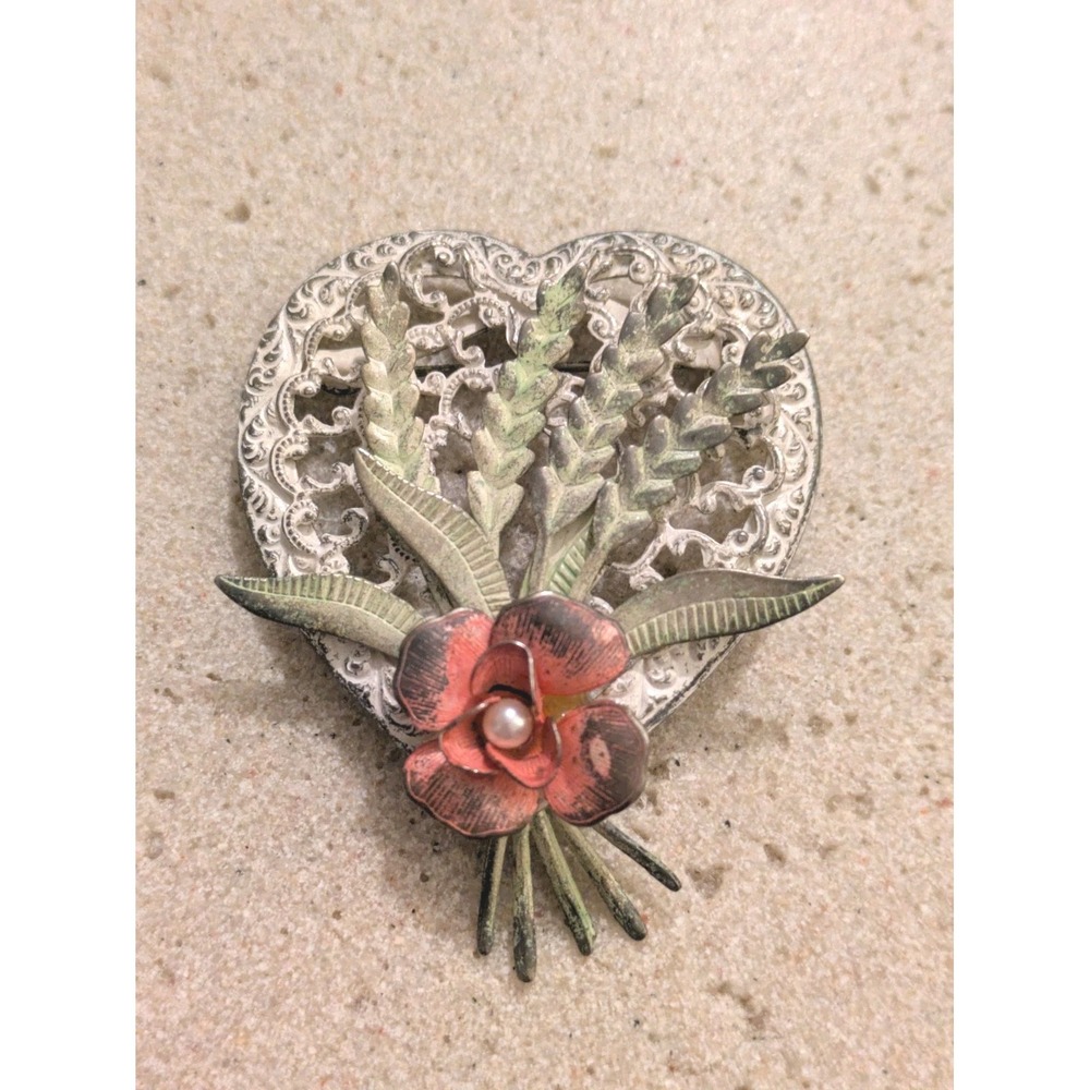 Vintage Heart Flower Brooch Hand Painted Pastel Filigree Romantic Country Pin